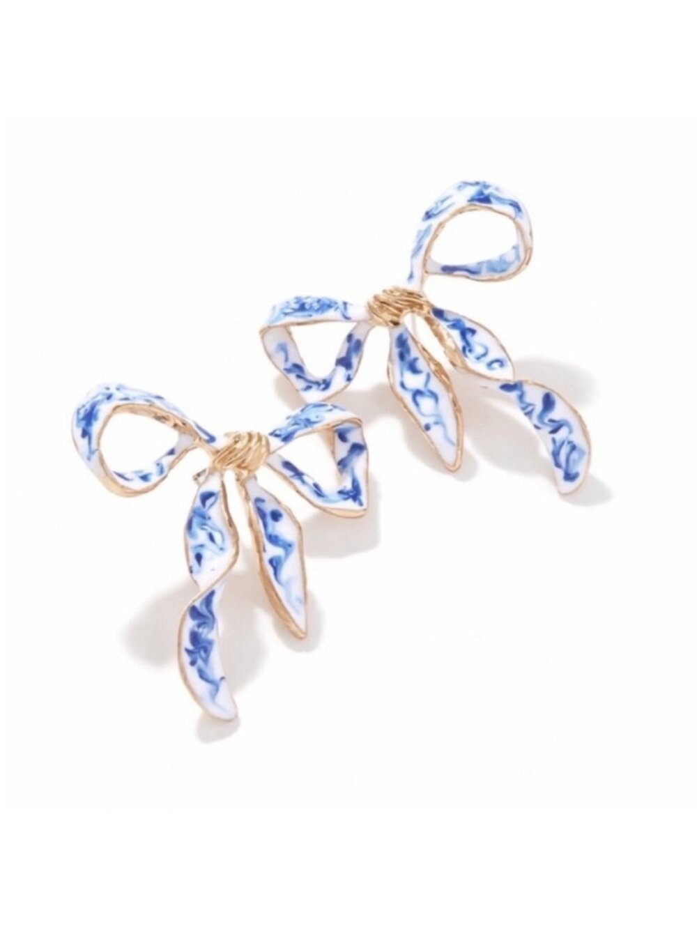 New! Blue Oil Drip Porcelain Bow Gold Earrings (3005) NWOT